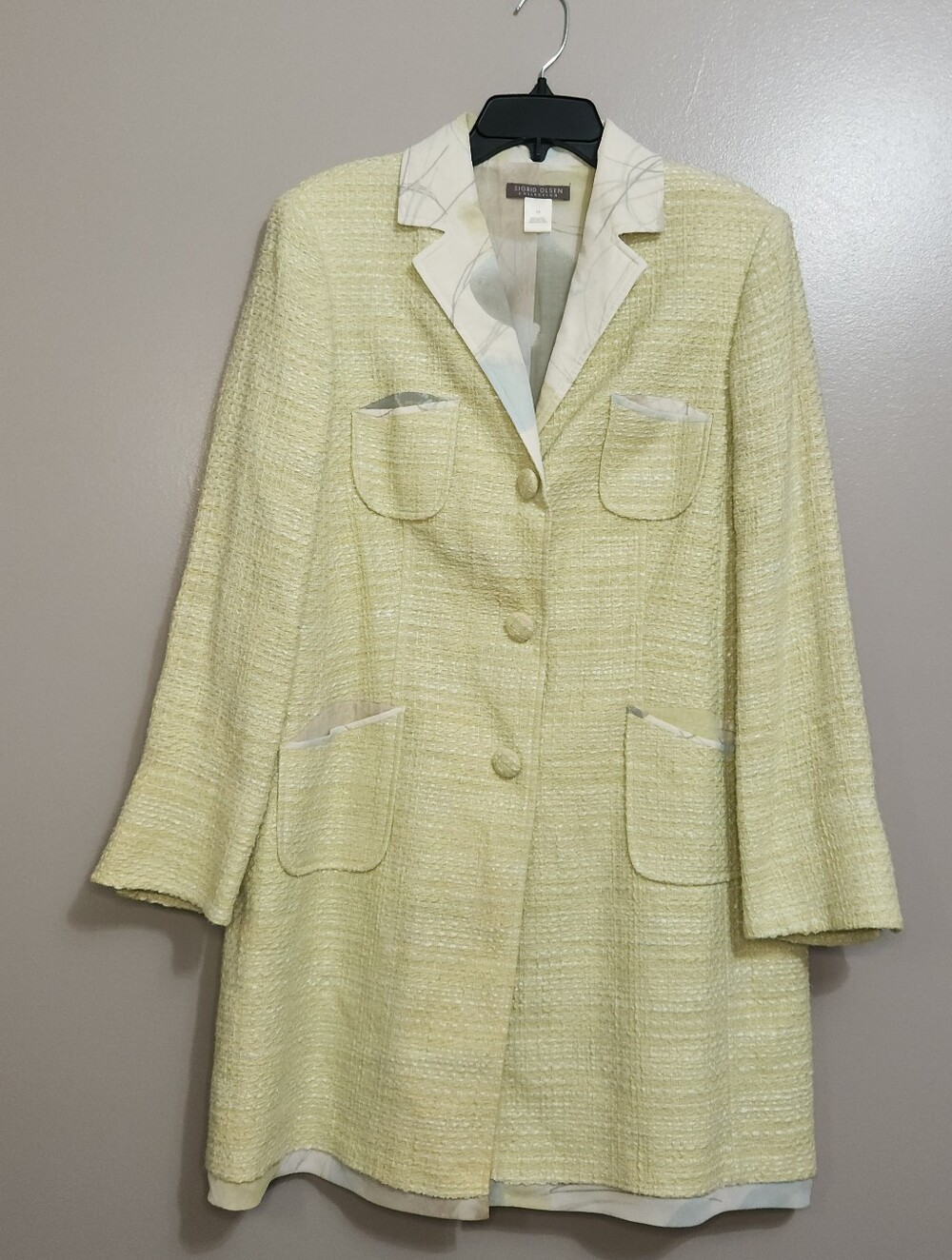 Sigrid Olsen Women's Light Yellow Tweed Coat with Silk Floral Lining Size 14 - Picture 10 of 11